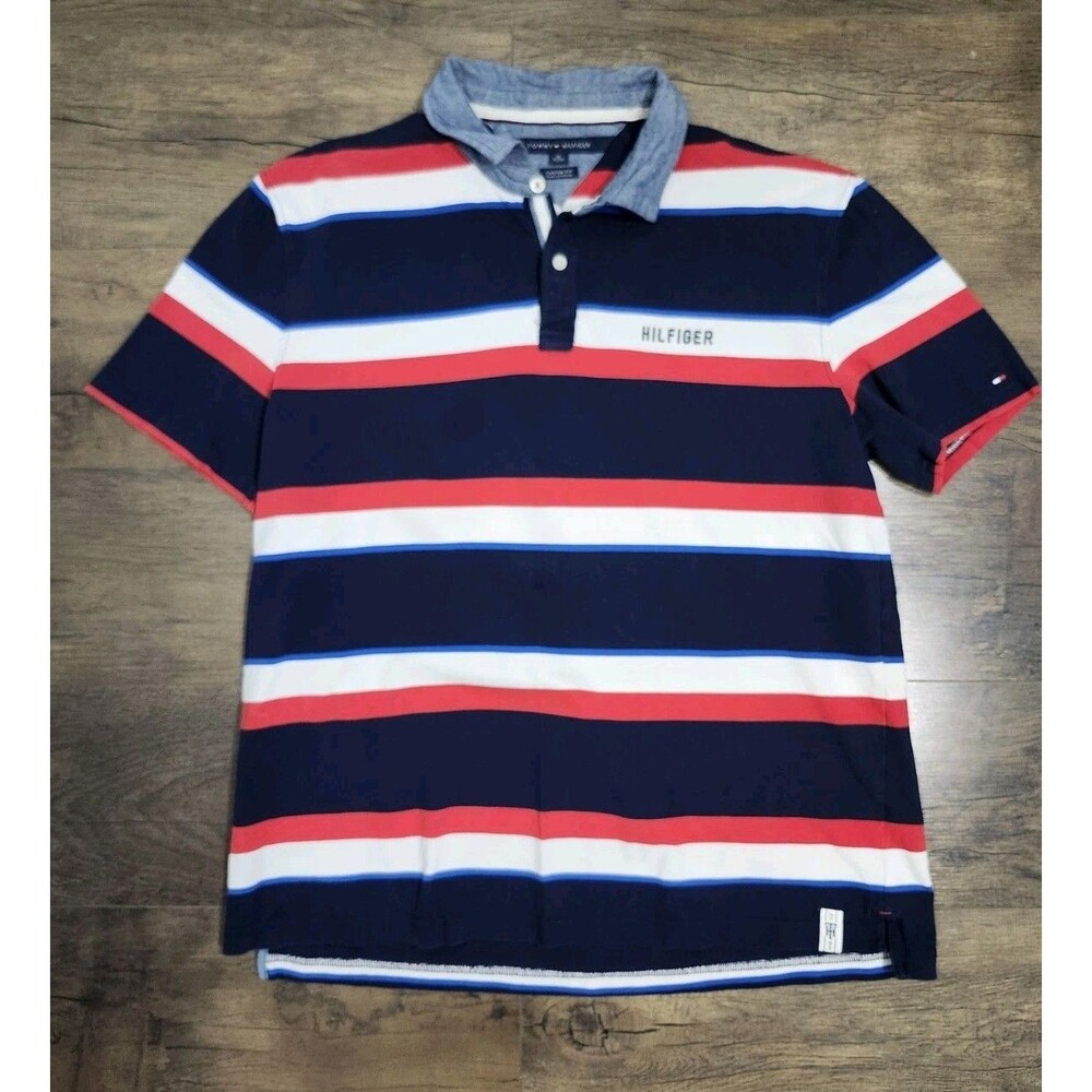 Tommy Hilfiger Men's Custom Fit White Red Blue Stripe Polo Shirt XL Cotton